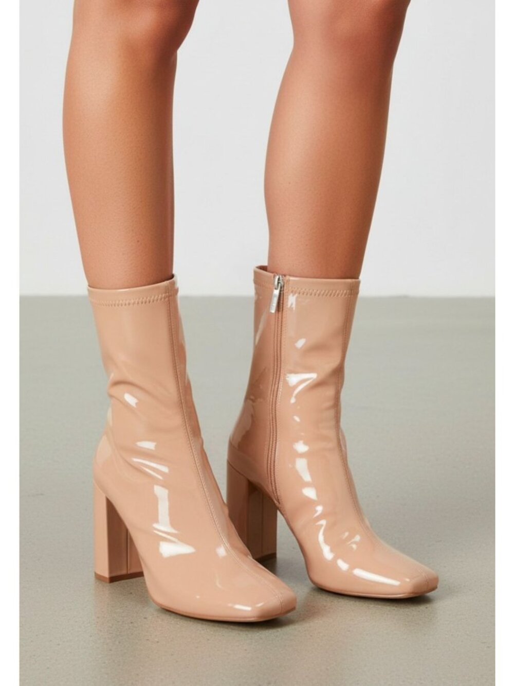 Patent Leather Nude Ankle Boots With Block Heels & Side Zipper Closure Womens
